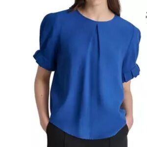Dkny lapis blue women's Short Sleeve Pleat Front Blouse